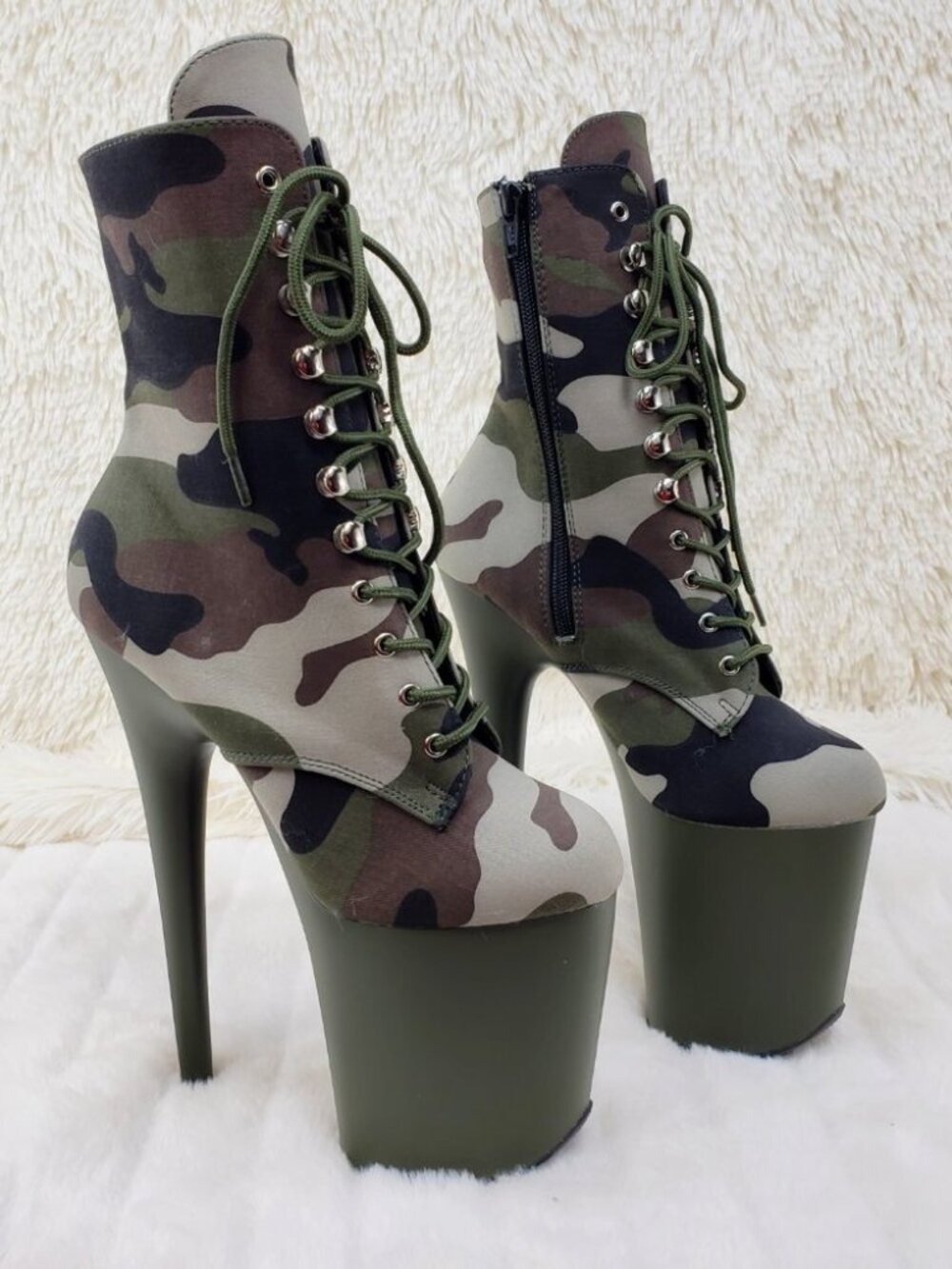 NIB Flamingo 1020 Green Camo Olive Platform 8" High Heel Lace Up Ankle Boots
